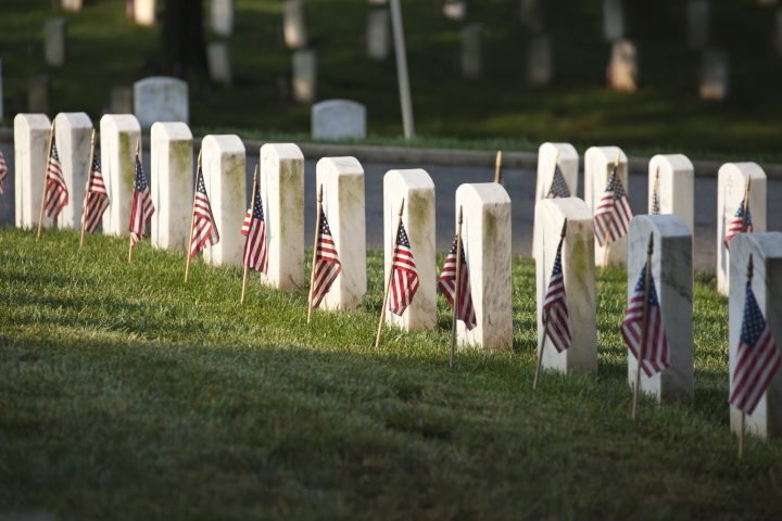 Tombstones with American Flags on Memorial Day at Arlington National Cemetery